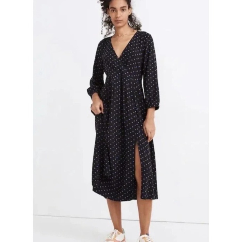 Madewell Polka Dot Midi Dress Black V Neck Long Sleeve Slit Front Casual Size XS